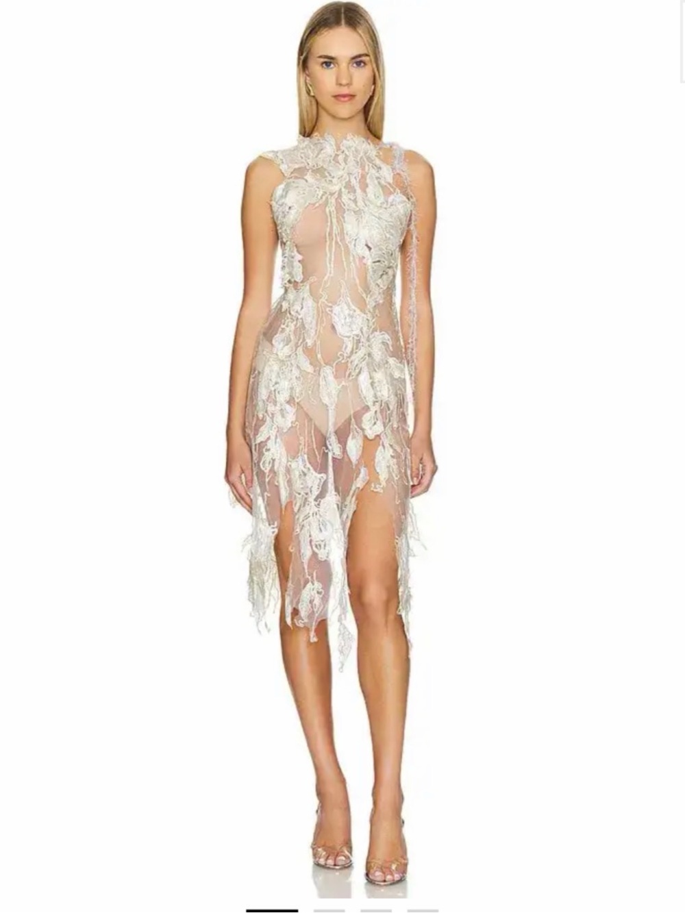 Kim Shui Sheer Lace Appliqué Asymmetrical Dress in Ivory and Nude